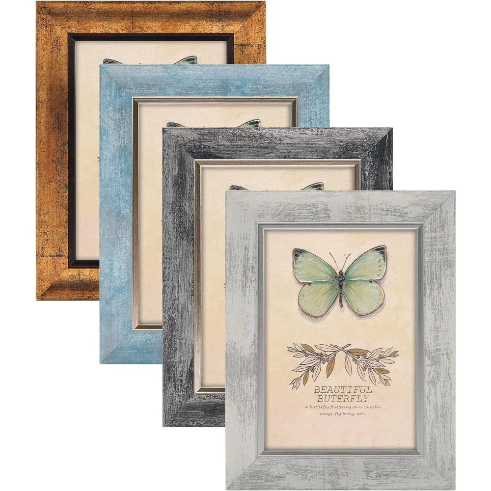 

Set of Four Rustic Picture Frames HD Plastic Cover for Wall Mount or Tabletop Display
