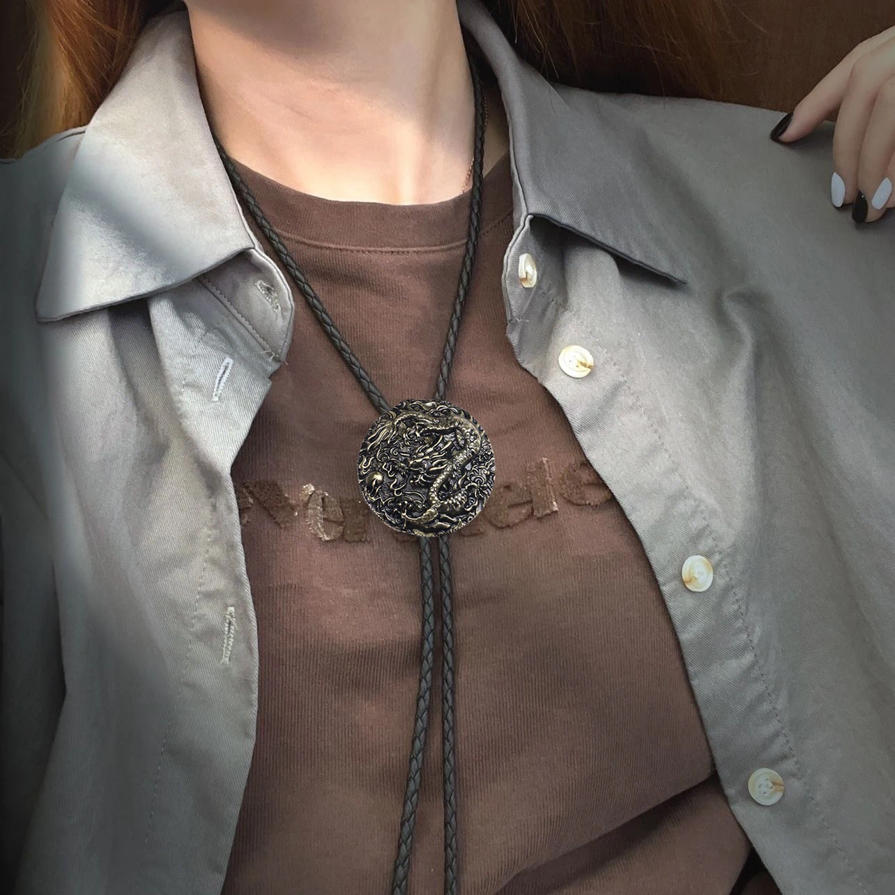 Western Bolo Tie Necklace Ethnic Style Chinese Dragon Pendant Leather Rope Necktie for Women Men Cowboy Jewelry Accessories