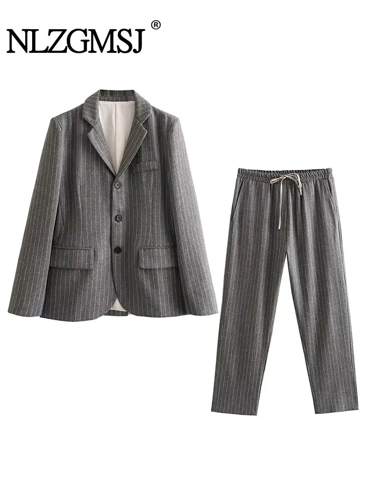 

Nlzgmsj TRAF 2024 Women Blazer Set Woman 2 Pieces Suit 2024 Spring Autumn Pinstripe Office Pants Two Piece Sets Women Outfit