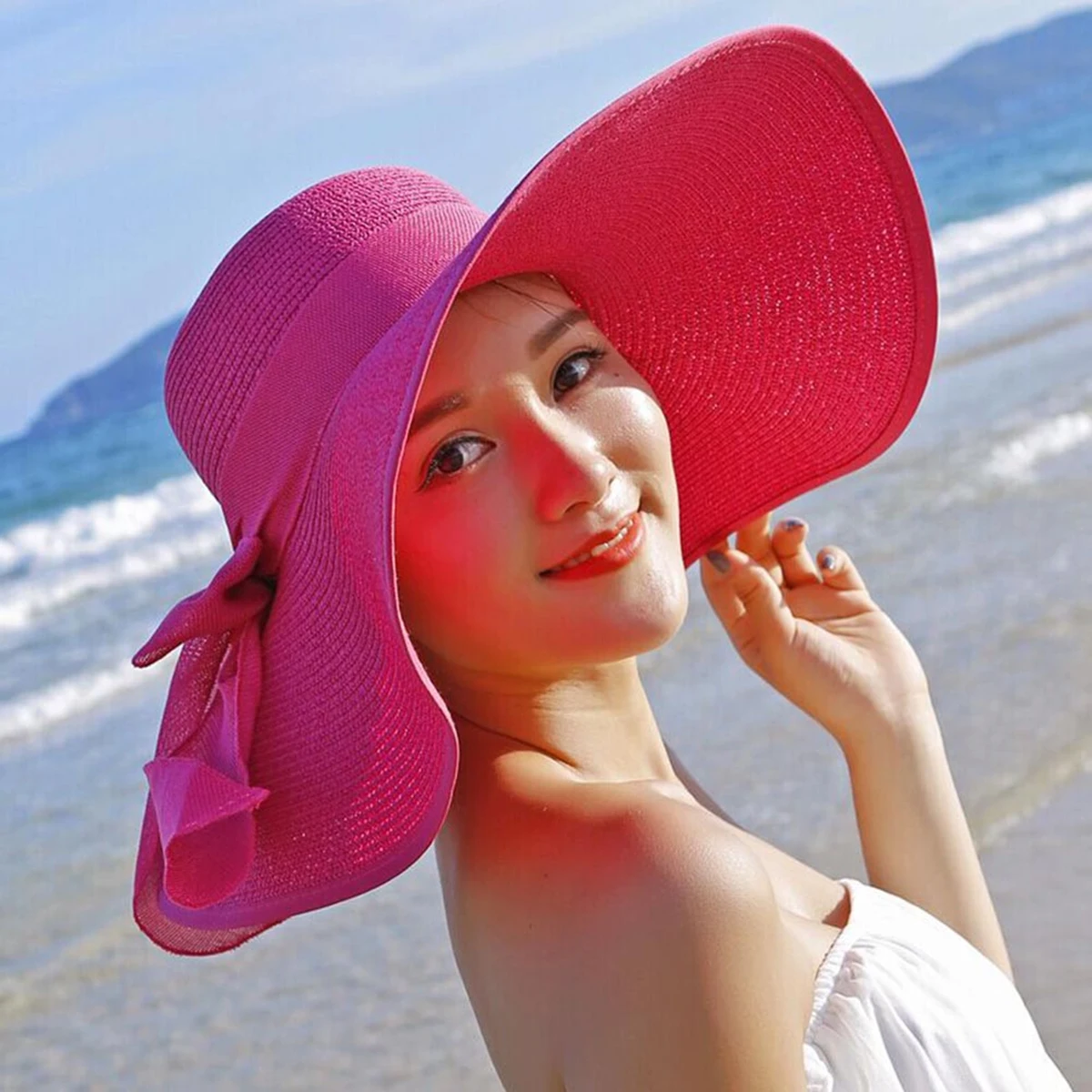 

Straw Wide Beach Straw Hats Hats Floppy Sun Hat for Women Breathable Bowknot Caps Sweatband Travel Photo Sea