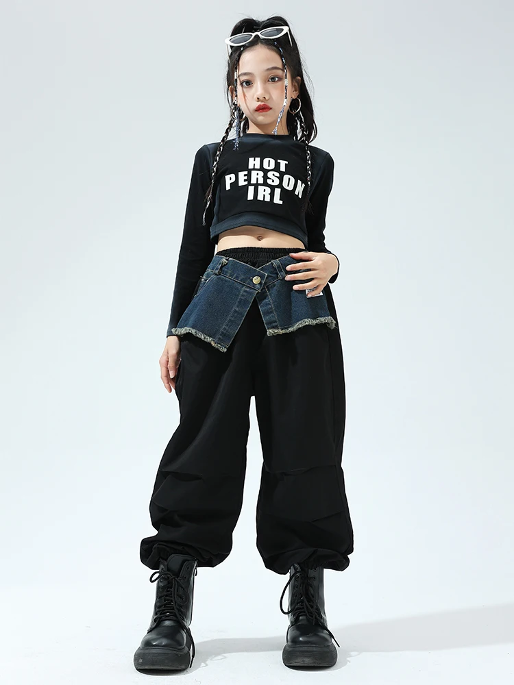 New Jazz Modern Dance Costumes For Kids Crop Tops Denim Black Pants Streetwear Girls Hip Hop Dance Performance Clothes DN16527