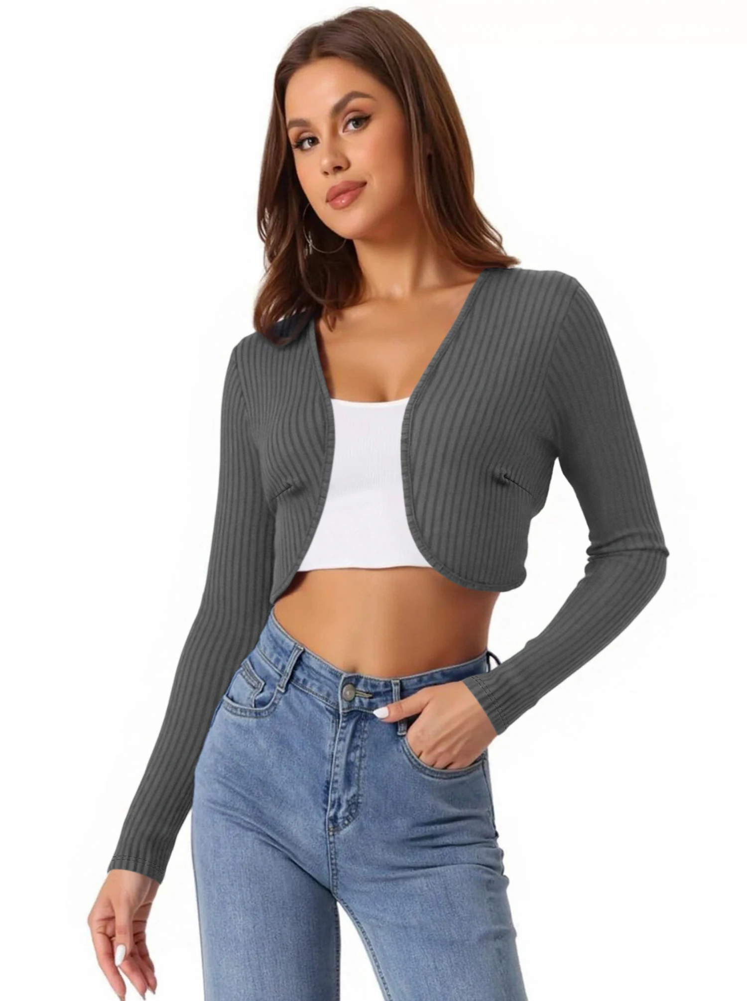 

Универсальный базовый укороченный кардиган, эластичный топ с длинными рукавами в рубчик, облегающая многослойная верхняя одежда в европейском стиле