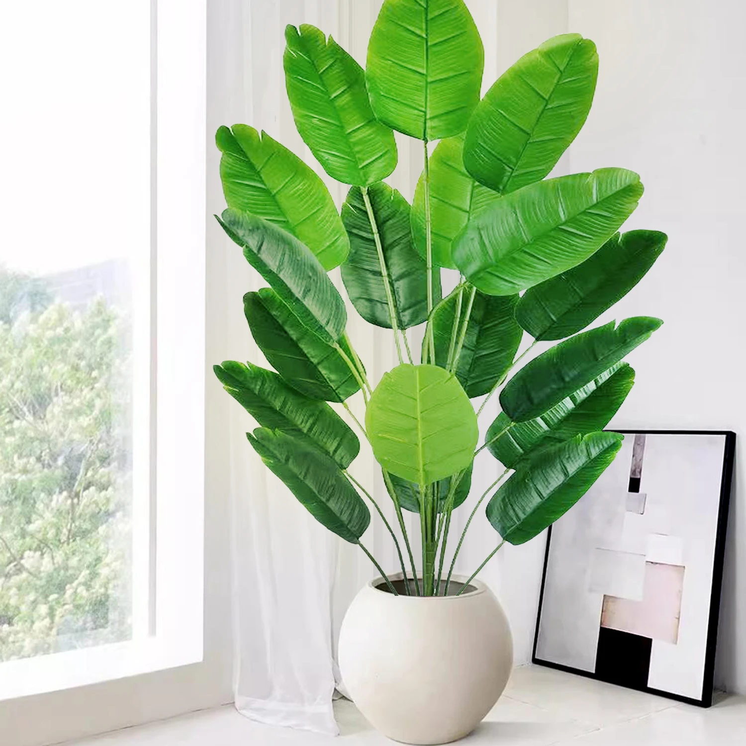 55-142cm/55,9 Zoll Große Tropische Palme Künstliche Bananenpflanze mit Blättern in Echt-Optik Strelitzia Reginae Kunstpflanze für Zuhause – Detail 8