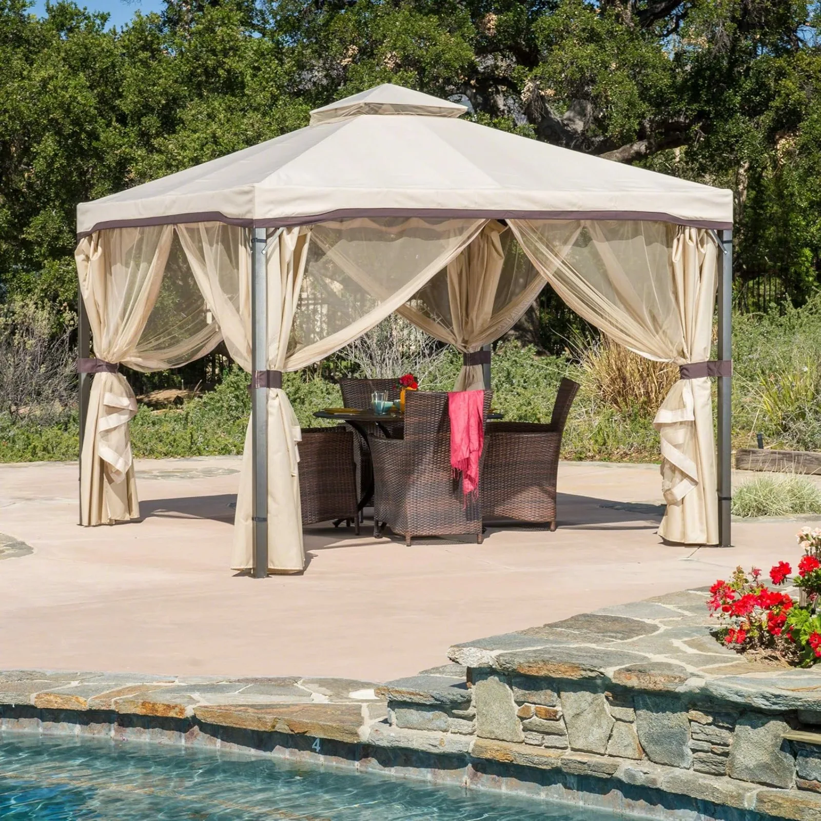 US CKH Outdoor Gazebo Canopy with Net Drapery, Beige