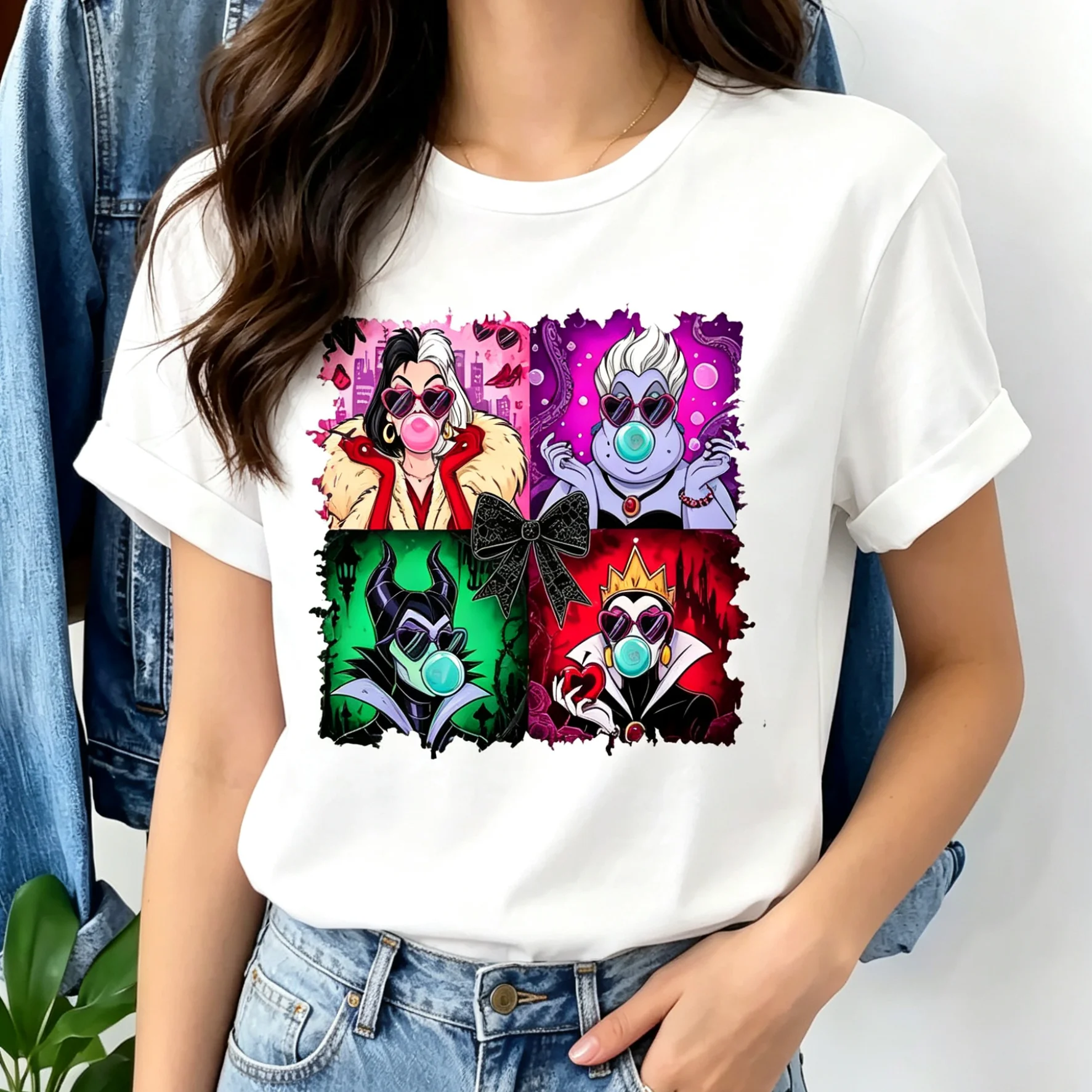 Funny Bad Girls Villains T-Shirt Women Cute Bubble Gum Sunglasses Graphic Tee Harajuku Casual Summer Female Short Sleeve Blouse