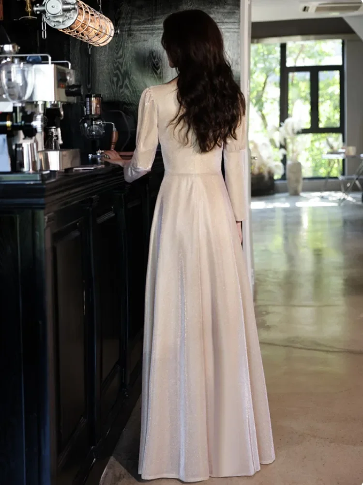 Customized V-neck Solid Long Sleeve Wedding Party Dresses Slim Pleated Elegant Prom Dress Gentle Simple Temperament Long Evening