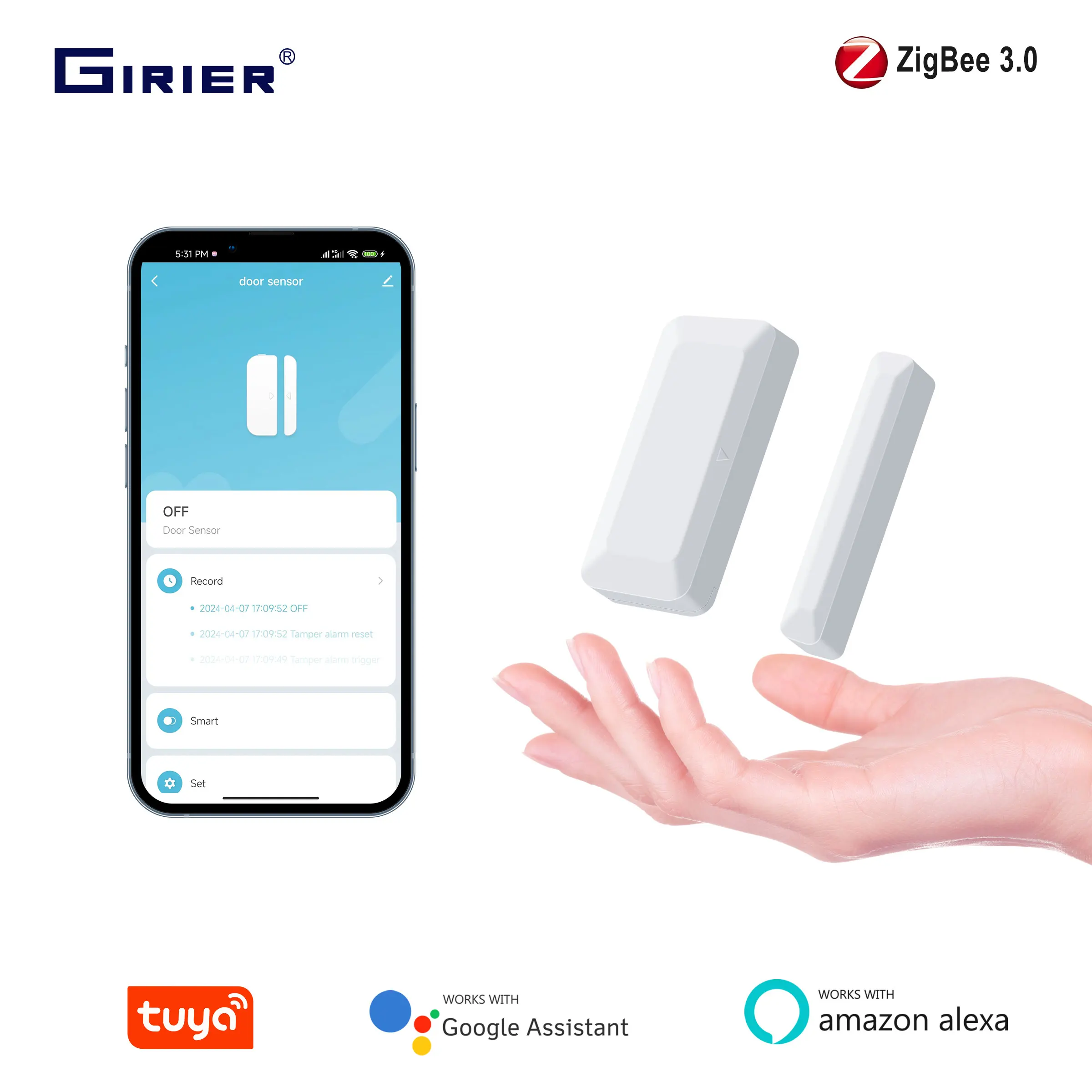 

GIRIER Tuya ZigBee Door and Window Sensor Smart Wireless Contact Detector for Home Security Work with Home Assistant ZigBee2MQTT