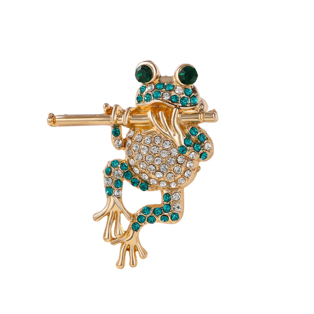 Frog Flute Brooch Golden Base Green Diamond Brooch Coat Collar Decoration Bag Clip Accessories