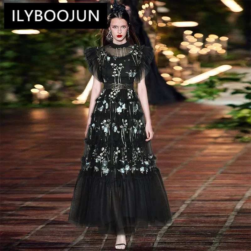 ILYBOOJUN Fashion Summer Women\'s dress Butterfly Sleeve Mesh Embroidery Wood ear edge Black Vintage Elegant Party Dresses