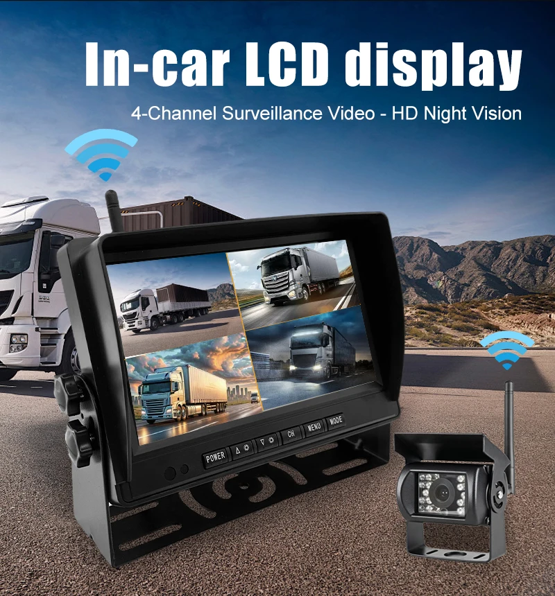7 Inch HD Monitor Wireless Backup Camera System Kit with 18 Waterproof Night Vision LEDs for Trucks, Vans, RVs, Trailers 12-24V