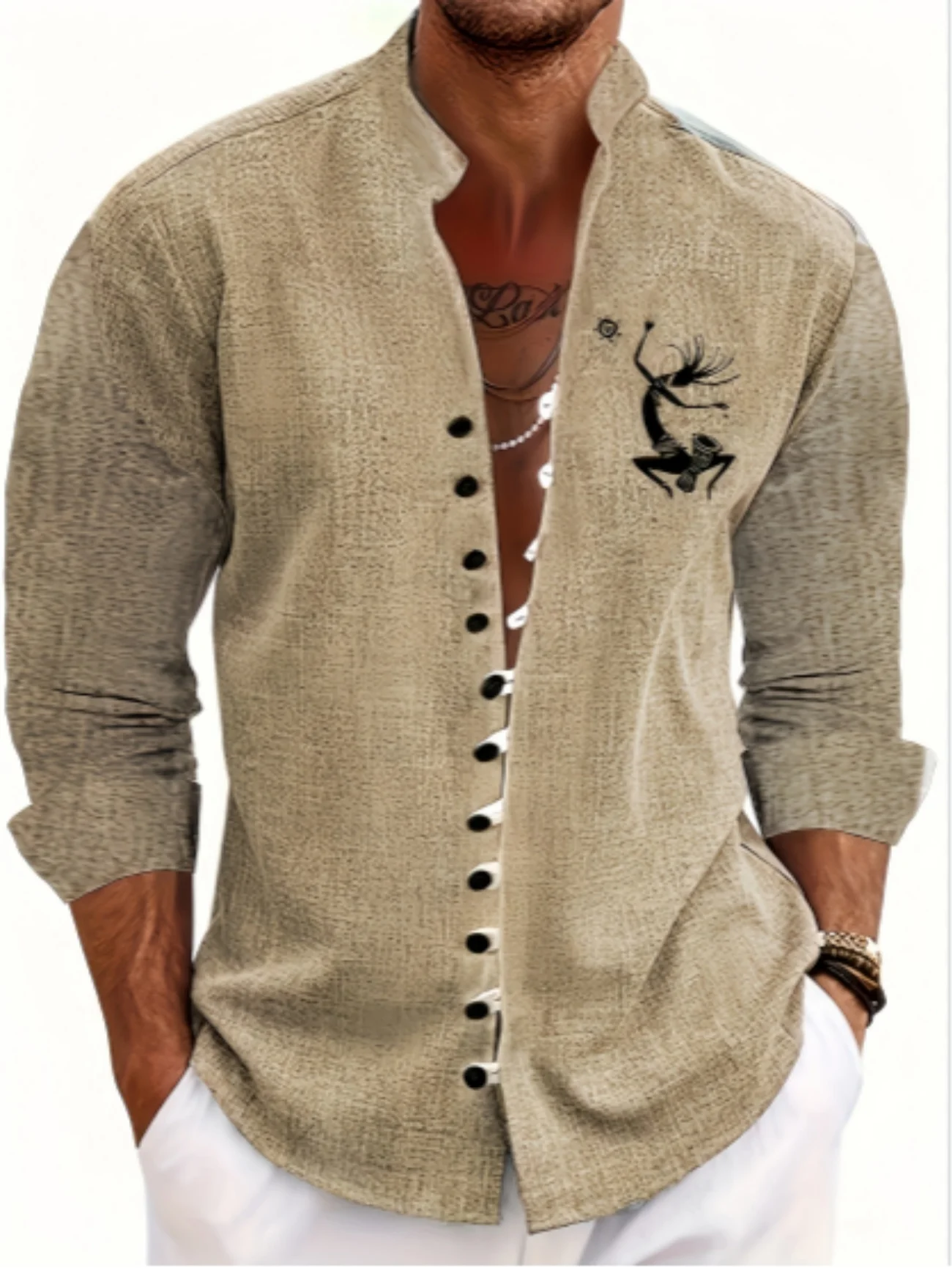 新しいメンズリネン半袖シャツ、ファッショナブル、レトロスタイル、エスニックトーテムプリント、快適で通気性のある、メンズトップ