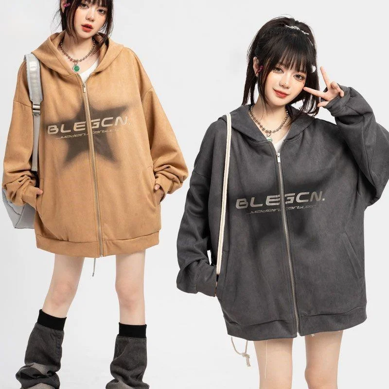 

Woman Star Sweatshirts Hip Hop Fashion Yk2 Zipper Hoodie Female Male Oversized Hooded Zip-up Kpop Outerwears 2000s Clothes Y2k