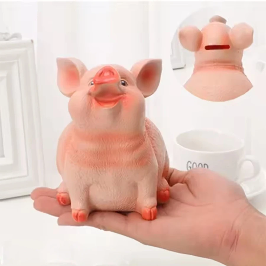 Cute Pink Pig Piggy Bank Resin Coin Bank Money Saving Box for Kids Adults Home Desktop Decor Gift Break-Resistant Lucky Pig