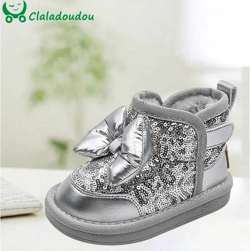 Brand Bling Snow Boots For Toddler Girls Cute Bowtie-knot Water-proof Winter Ankle Boots For Kids Little Princess Warm Walkers