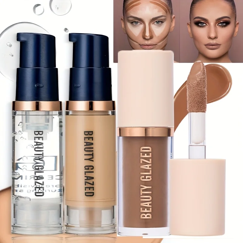 BEAUTY GLAZED 3pcs Face Makeup Set,Liquid Foundation+Primer+ Liquid Contour,Natural Weightless Long-wearing Smudgeproof Bronzer