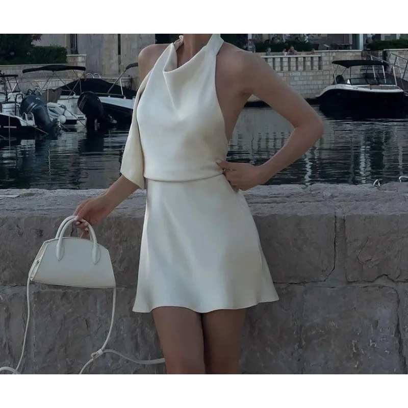 

Women's 2025 Satin Drape Dress Sexy Hottie Halter Neck Strap A Word Skirt