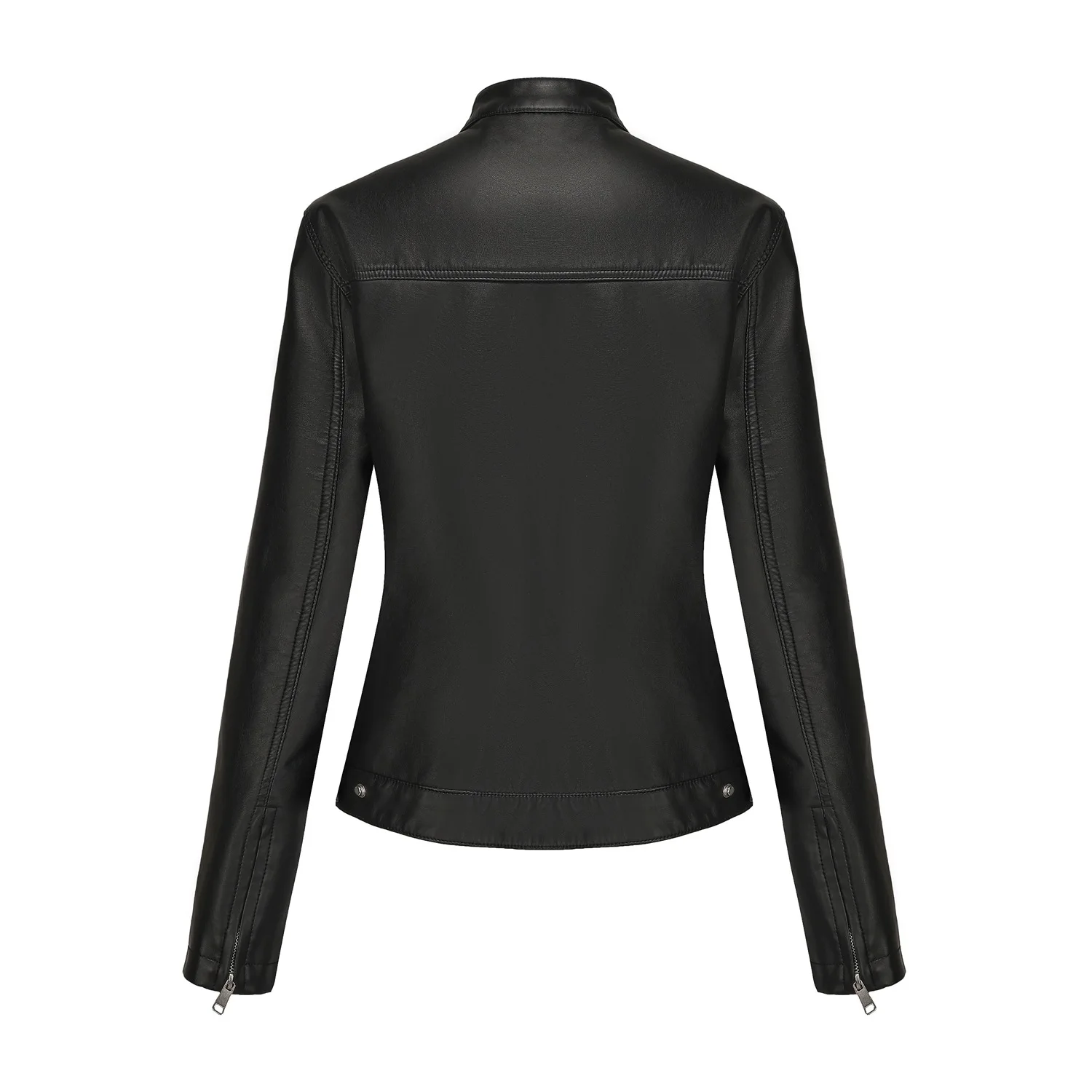 Black Women's Fitted Leather Jacket with Front Zipper & Side Pockets‌, Available in Brown, Navy Blue, and Beige.