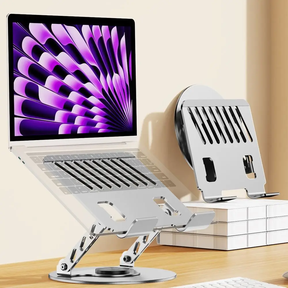 

Adjustable Height 360° Rotatable Tablet Stand Carbon Steel Ventilated Base Foldable Laptop Holder Silver Anti-slip