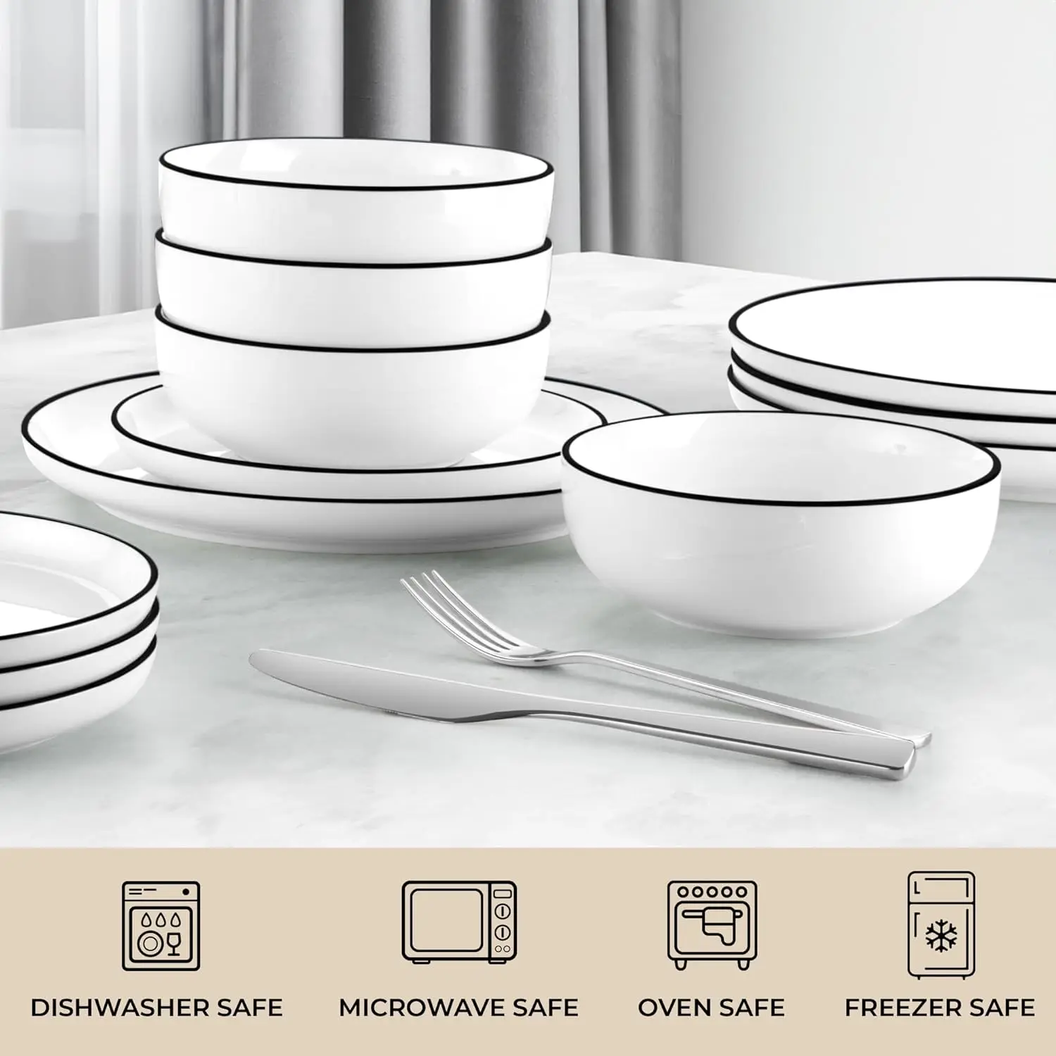 طقم أواني طعام بورسلين نوفا، خدمة لـ 4 أشخاص - أطباق وأطباق بيضاء مقاومة للرقاقة والخدش - ميكروويف وغسالة أطباق
