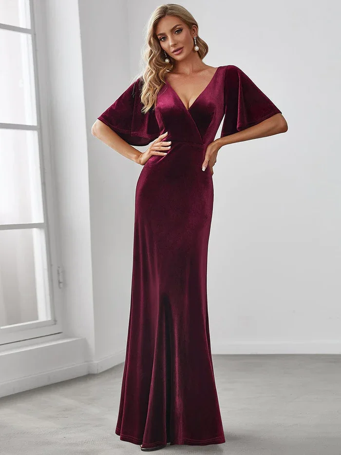 Vestidos Elegantes de terciopelo Para dama de honor, vestido Simple con cuello en V, vestido de fiesta de boda Para mujer, vestido de vaina hasta el suelo, Vestidos Para Bodas