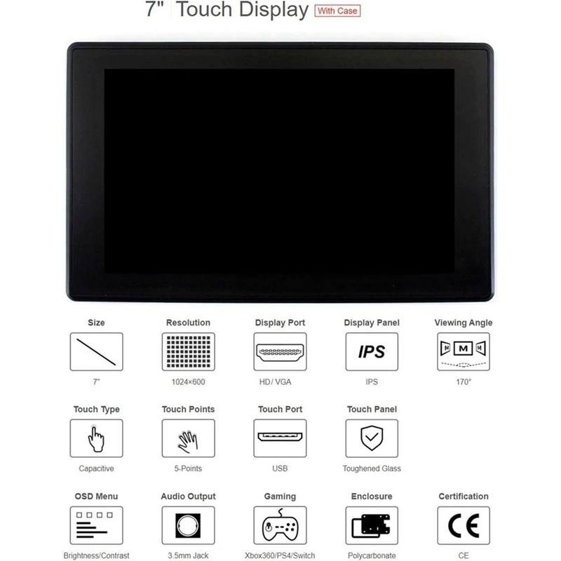 

7-дюймовый ЖК-монитор (H) с сенсорным экраном IPS 1024x600 и чехлом для Nano для ПК для игровых консолей-A86Z
