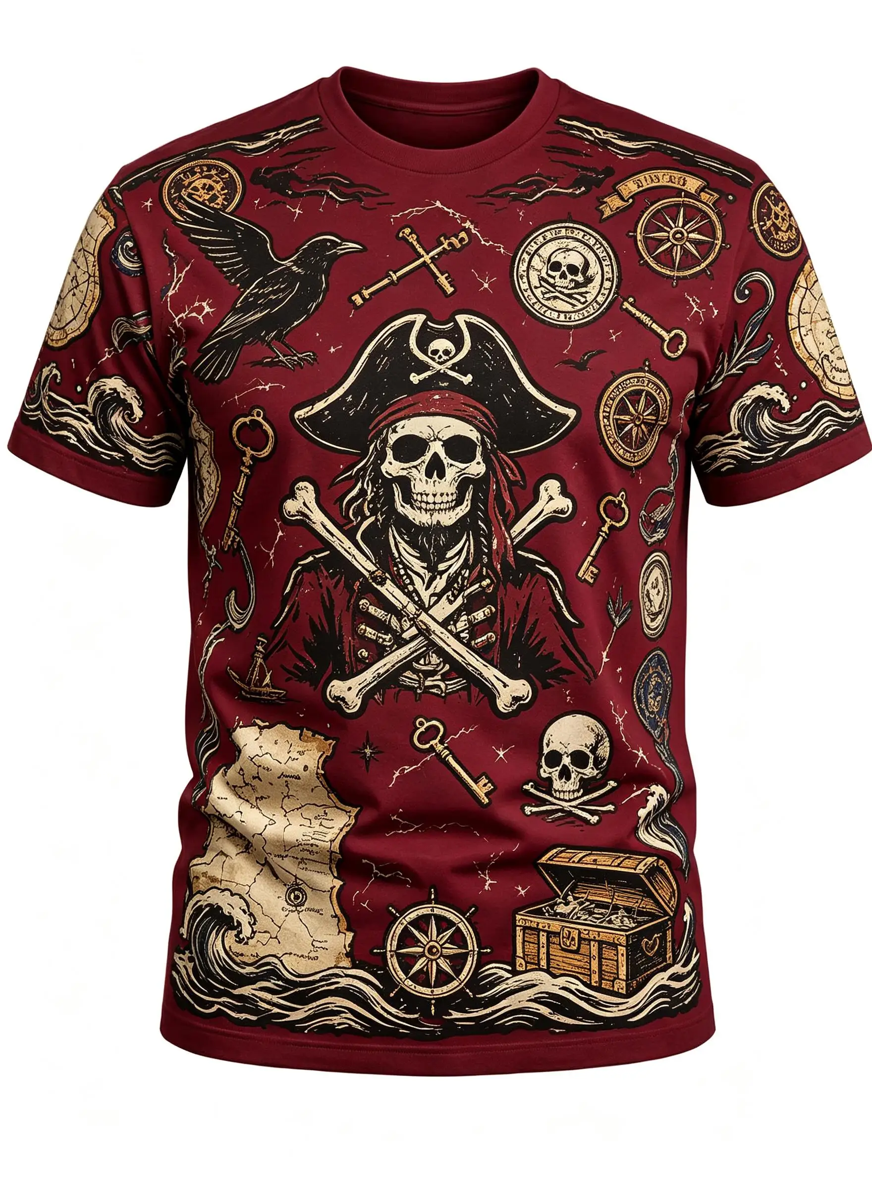 Mens Vintage Pirate Short Sleeve T Shirt Burgundy Skull Treasure Map Compass Wave Allover Print Casual Top