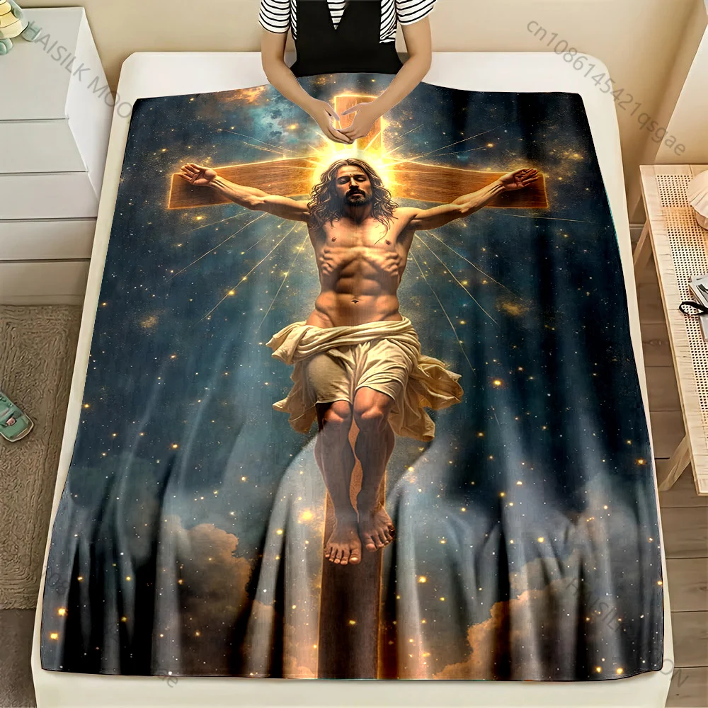 1PC Jesus on the Cross starry sky Print Blanket Warm Soft Fluffy Kids and Adult Sofa Bed Throw Blanket Outdoor Travel Camping RV