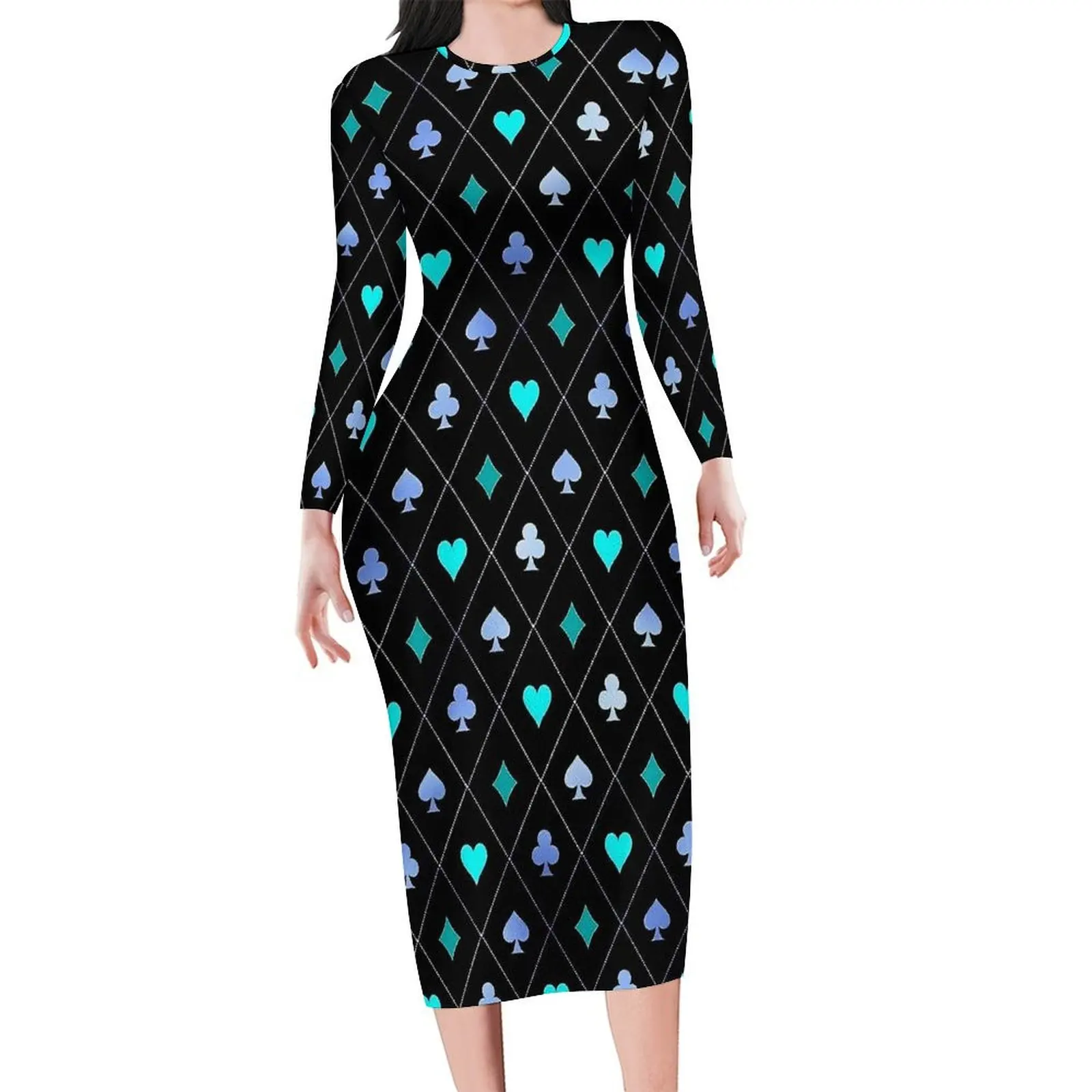 Blue Playing Cards Bodycon Dress Women Diamonds Clubs Hearts Spades Night Club Dresses Autumn Long Sleeve Street Style Dress