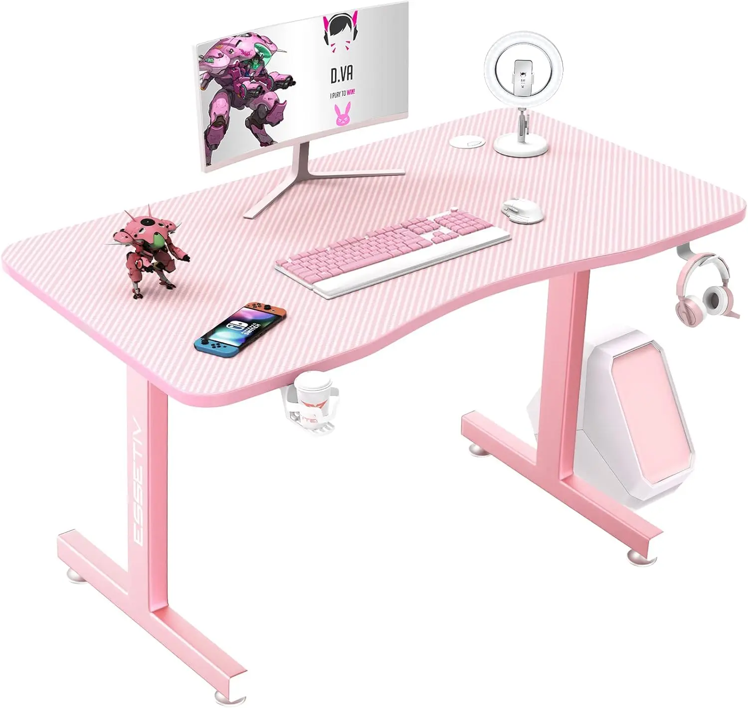 

Pink 40 Inch Cute Kawaii Computer Gaming Table T Shaped Girl Gamer Workstation Home Office Desk with Carbon Fiber Surface and He