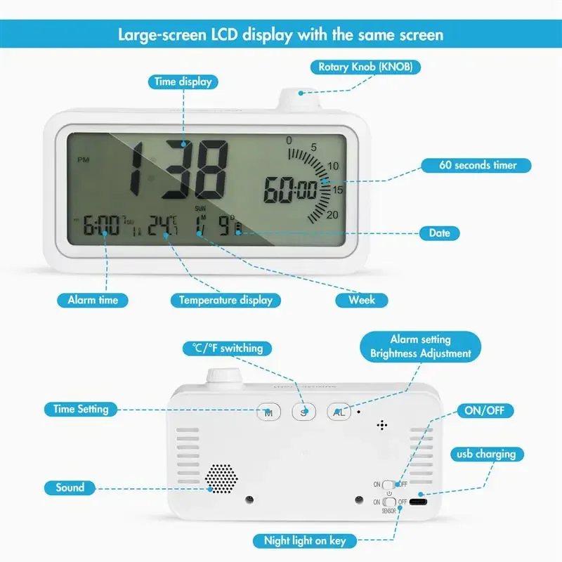 Wireless Visual Timer for Kids Adults 60-Minutes Usb Rechargeable Countdown Timer LCD Screen Time Management Alarm Clock