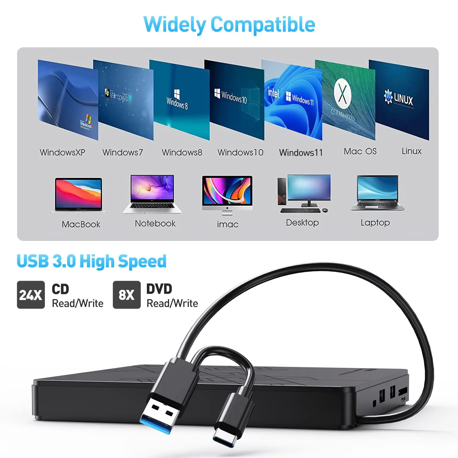 Unidad de DVD externa USB 3,0 tipo C, adaptador de CD ROM +/-RW con puerto USB, quemador de DVD para ordenador portátil, PC, unidad de disco óptico