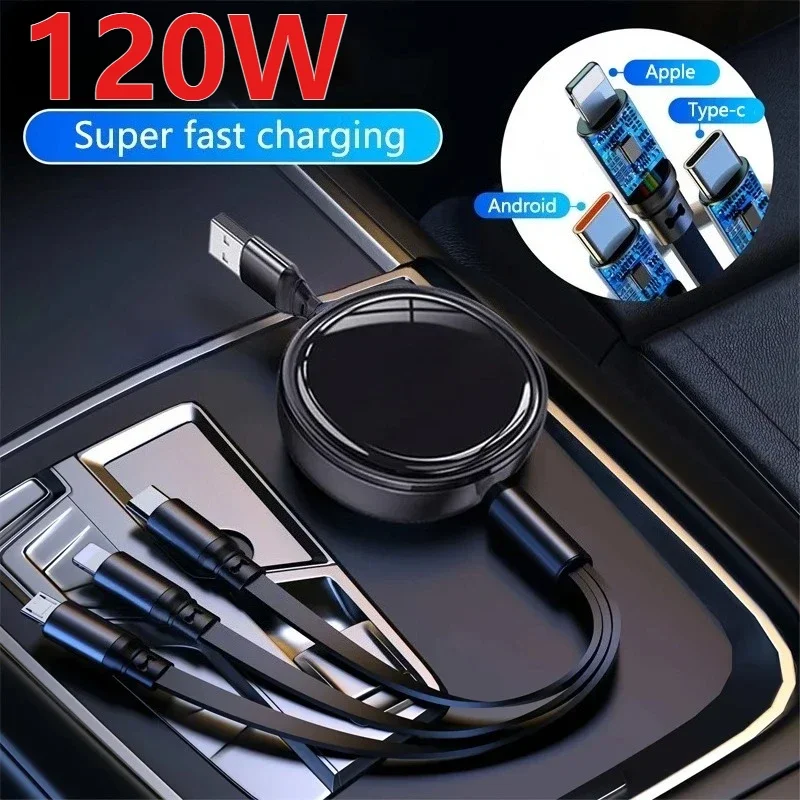 Kabel Dapat Ditarik 120W Pengisi Daya Cepat untuk Ifor IPhone 15 16 Samsung Galaxy Xiaomi Redmi Huawei USB C Kabel Pengisi Daya USB Mikro Ponsel