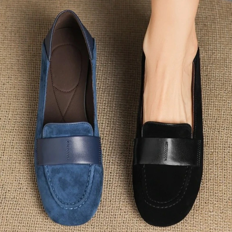 

Retro Round Toe Faux Suede Low Heel Pumps Women Fashion Sewing Patchwork Design Loafers Elegant Comfort Commuting Office Shoes