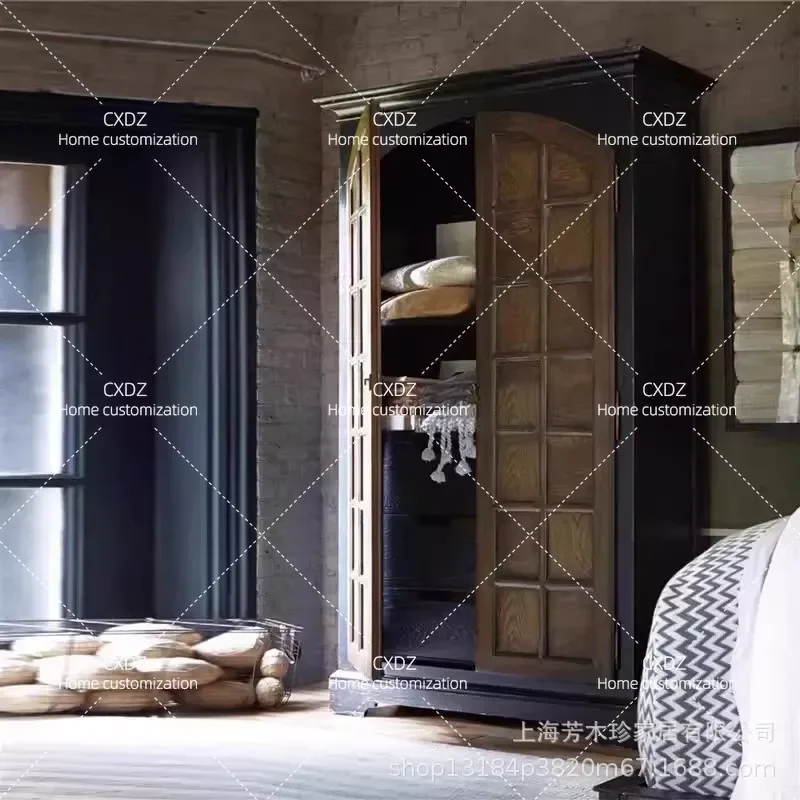 Solid Wood Wardrobe Retro Two Door Storage Cabinet Large Capacity Master Bedroom Furniture