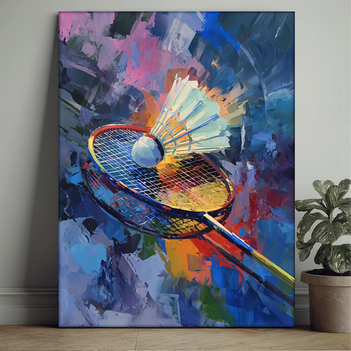 (No frame)2D Flat, 2D Flat Framed, 12X 16Inch [2D Flat] Humorous Comic Style Artwork, Abstract Badminton Art, Badminton Racke