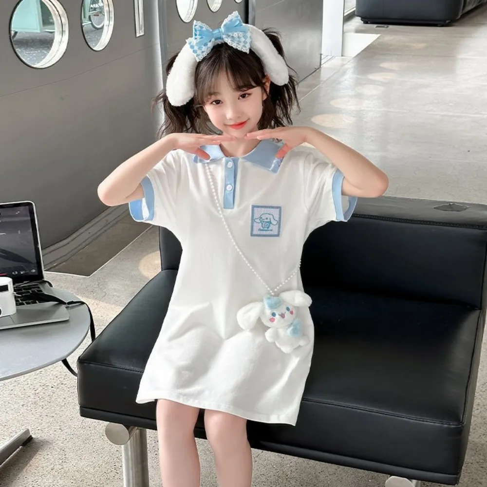 Kawaii Cinnamoroll Kid Dress Sanrio Anime Summer Short Sleeve 2024 New Girl Dress Fashion Cute Clothes