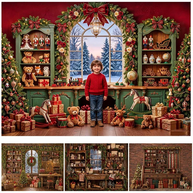 LS Vintage Christmas Cabinet Backdrop Snow Flocked Tree Red White Decor Winter Holiday Photo Background Family Portrait Prop