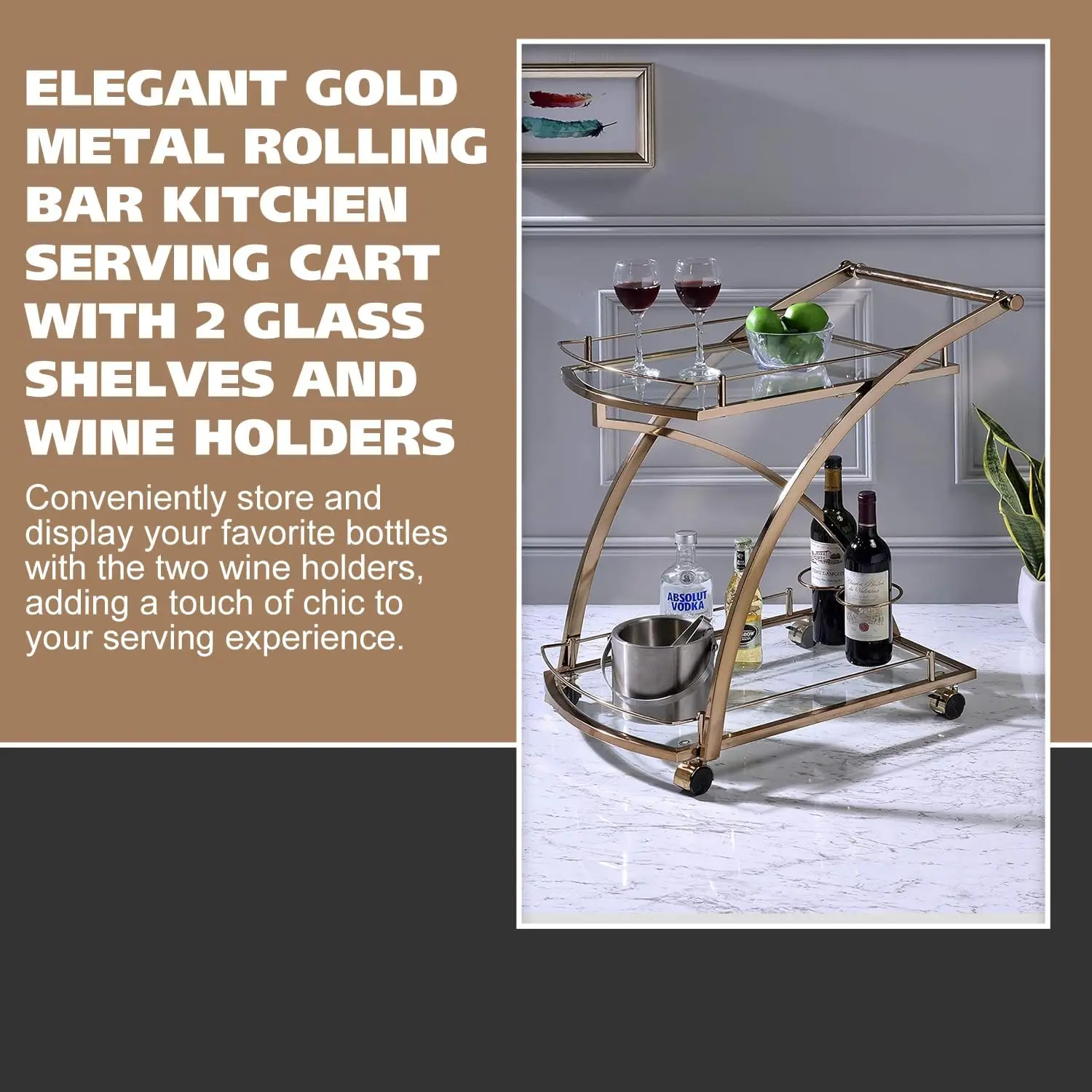 Kings Brand Furniture - Rolling Bar Serving Cart On Lockable Wheels With 2 Glass Shelves And Wine Rack Holders For Home Kitchen