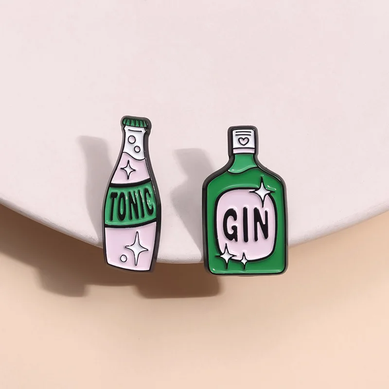 Korean Soju GIN TONIC Enamel Pin Strawberry Beer Drink Lovely Wine Bottle Brooches on Backpack Clothes Lapel Jewelry Gifts