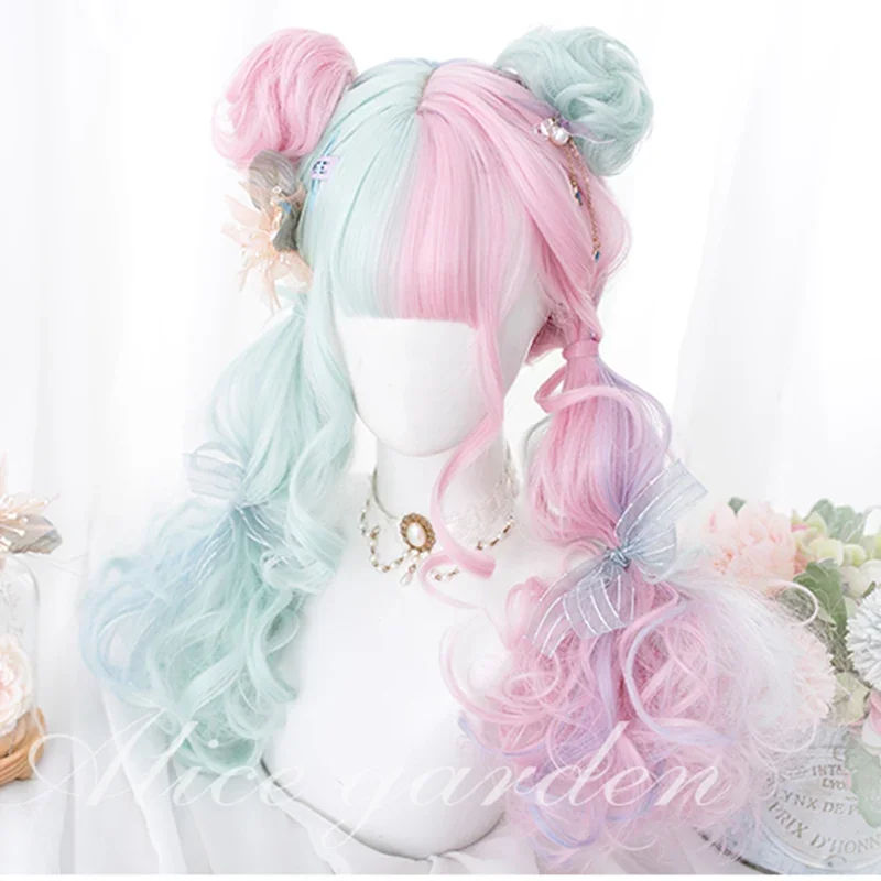 HOUYAN Long wave curly hair synthetic wig female bangs cosplay Lolita pink blue two color wig high temperature resistance