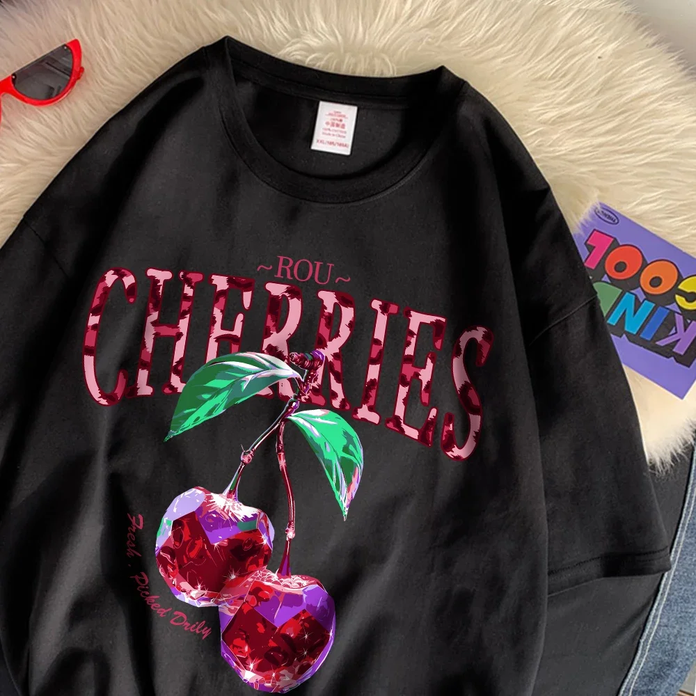 

Cherries T Shirt Women Purple Crystal Prints Oversize T-Shirts Casual O-Neck Short Sleeve Tops Summer Woman Clothes
