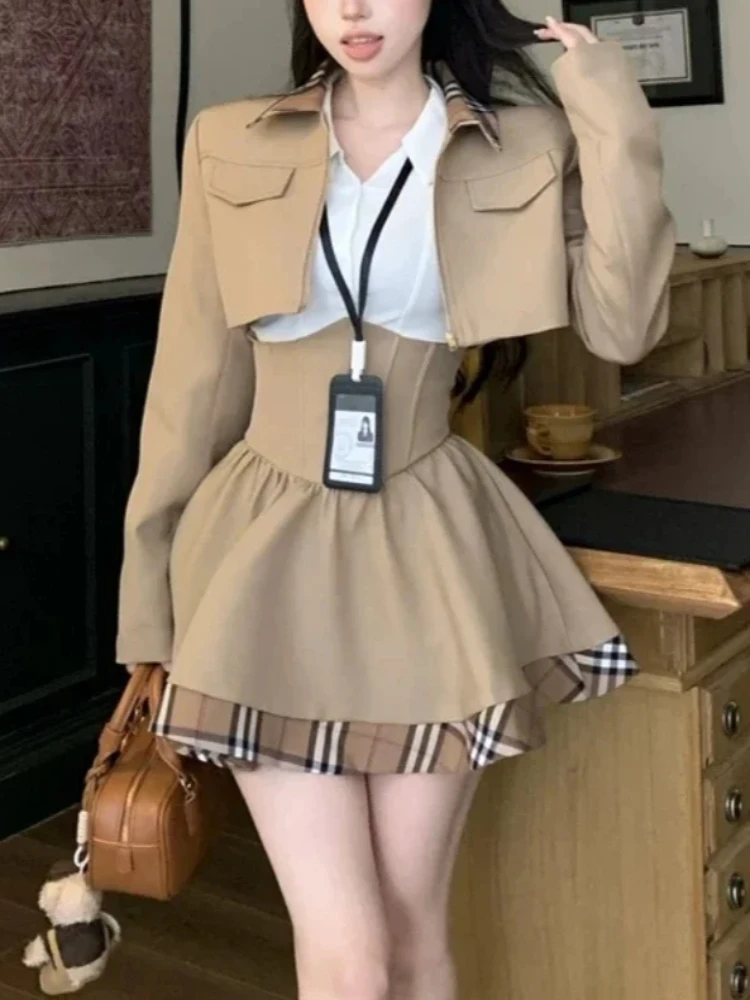 Winter Japanese Sweet New 3 Piece Sets Women Plaid Blazer Coat + Solid Blouse + Retro Skirt Set Korean Fashion Skirt Suit 2024