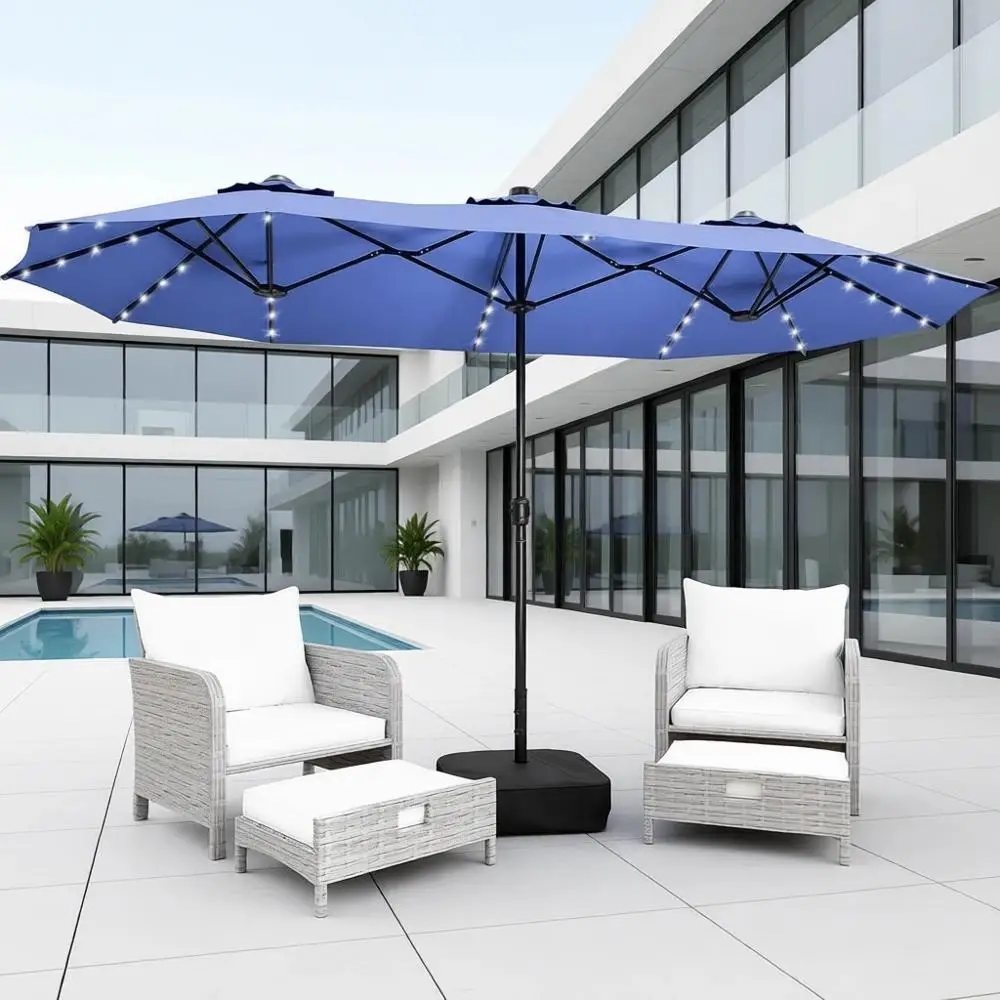 

Большой двусторонний зонт для патио длиной 15 футов со светодиодной подсветкой и основанием, синий