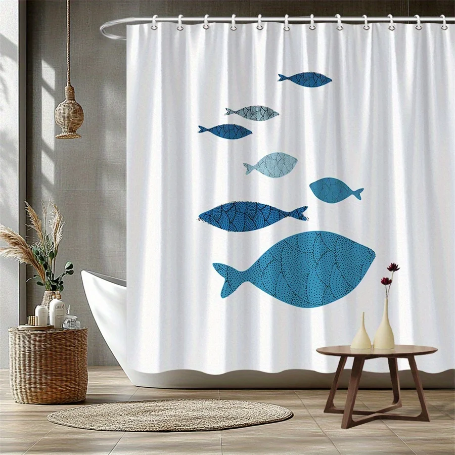 1pc Minimalist Stylized Fish Shower Curtain with Geometric Blue Fish, Abstract Modern Design, Dot-Mosaic Patterns And Easy Shape