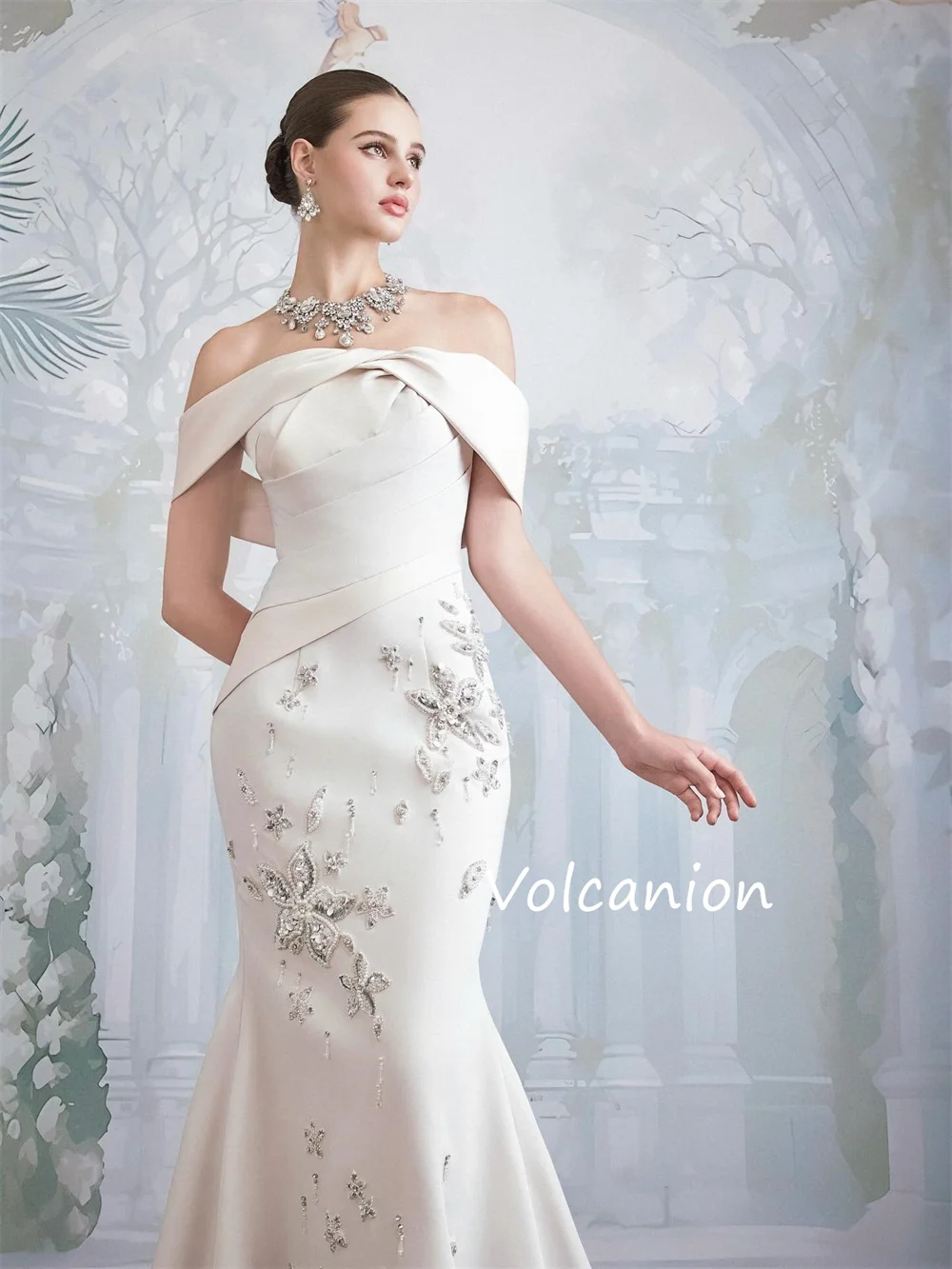 Personalizado exquisito Jersey plisado lentejuelas trompeta fuera del hombro vestidos largos ocasión a medida celebridad Formal