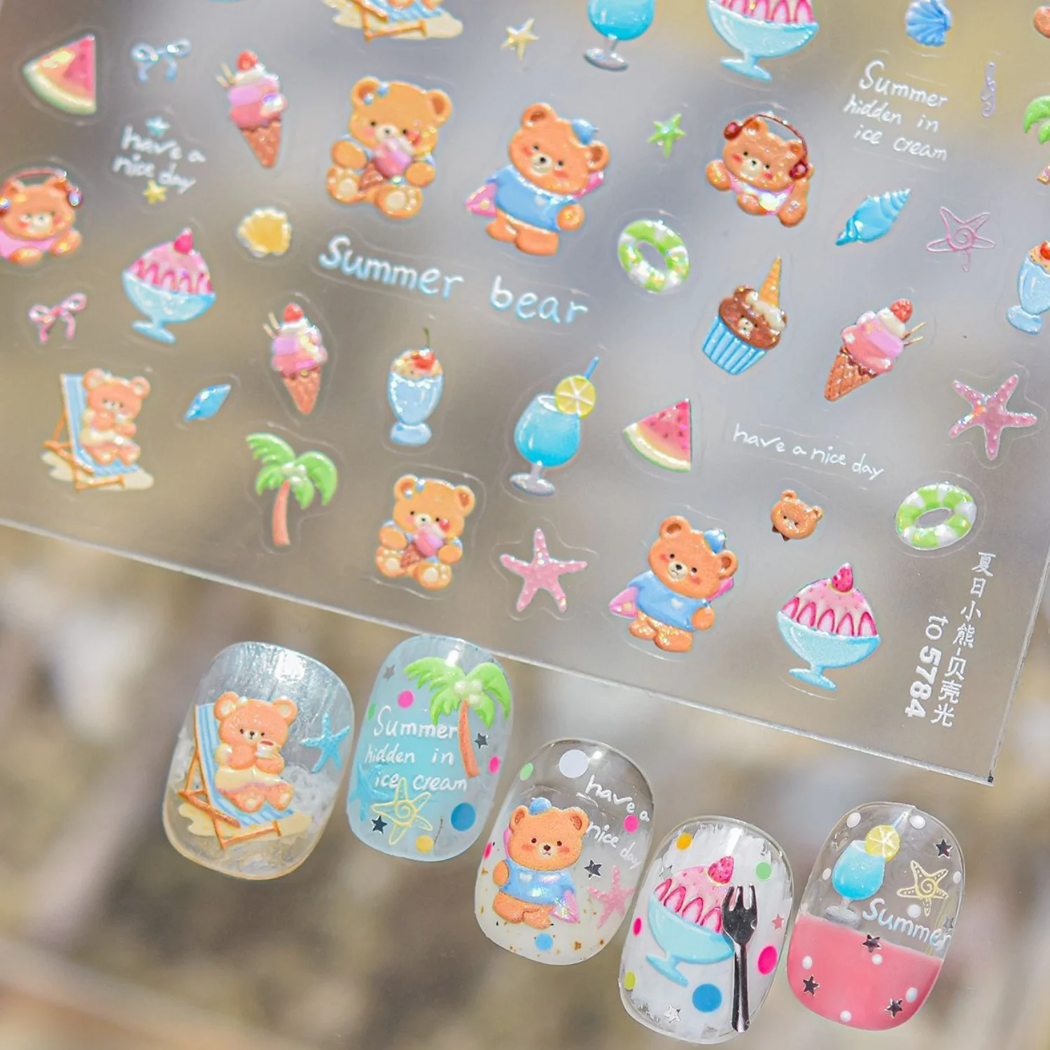 

5D Summer Pool Nail Decals Cartoon Little Dog with Float Watermelon Lemon Soda Camera Coconut Swim Ring Self Adhesive Decals