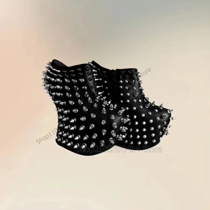 Black Rivets Decor Strange Style Heels Platform Boots Slip On Women Shoes Novel Fashion Banquet Runway 2026 Zapatos Para Mujere