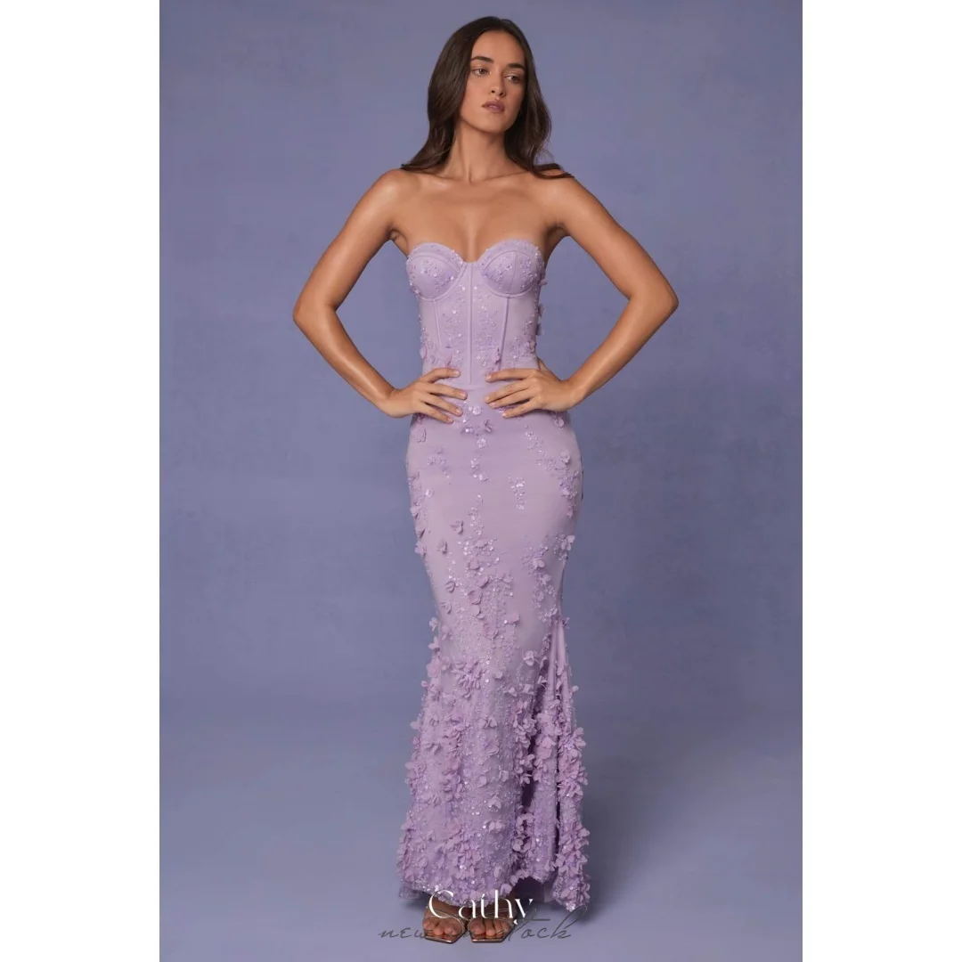 

Cathy Customized Purple Strapless Shiny Flower Prom Dress Mermaid Anke-length vestidos de noiva Lace-up Back Formal Evening
