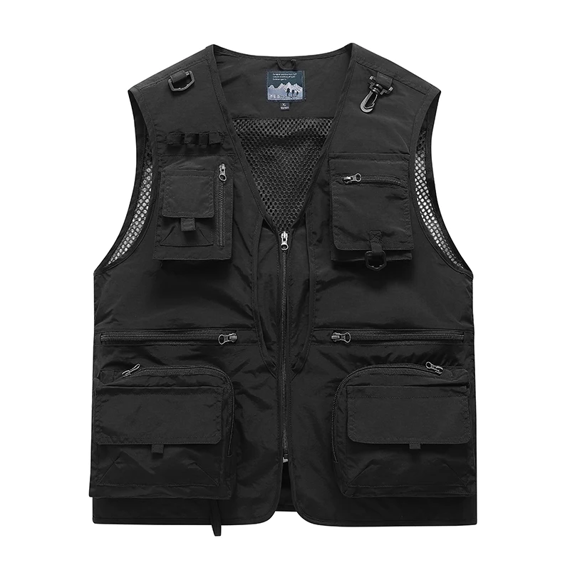 Neue, leichte Sommerweste aus atmungsaktivem Netzstoff, die schnell trocknet, für Herren, mit mehreren Taschen, als Angelweste oder Freizeitweste geeignet, mit ausgeschnittenen, übergroßen Schulterpartien. – Detail 2
