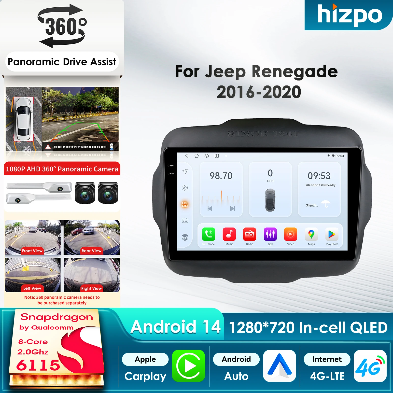 

Автомобильный мультимедийный плеер Hizpo Stereo AI с интеллектуальным экраном Android для Jeep Renegade 2016-2020, GPS, Carplay, 4G, головное устройство Snapdragon